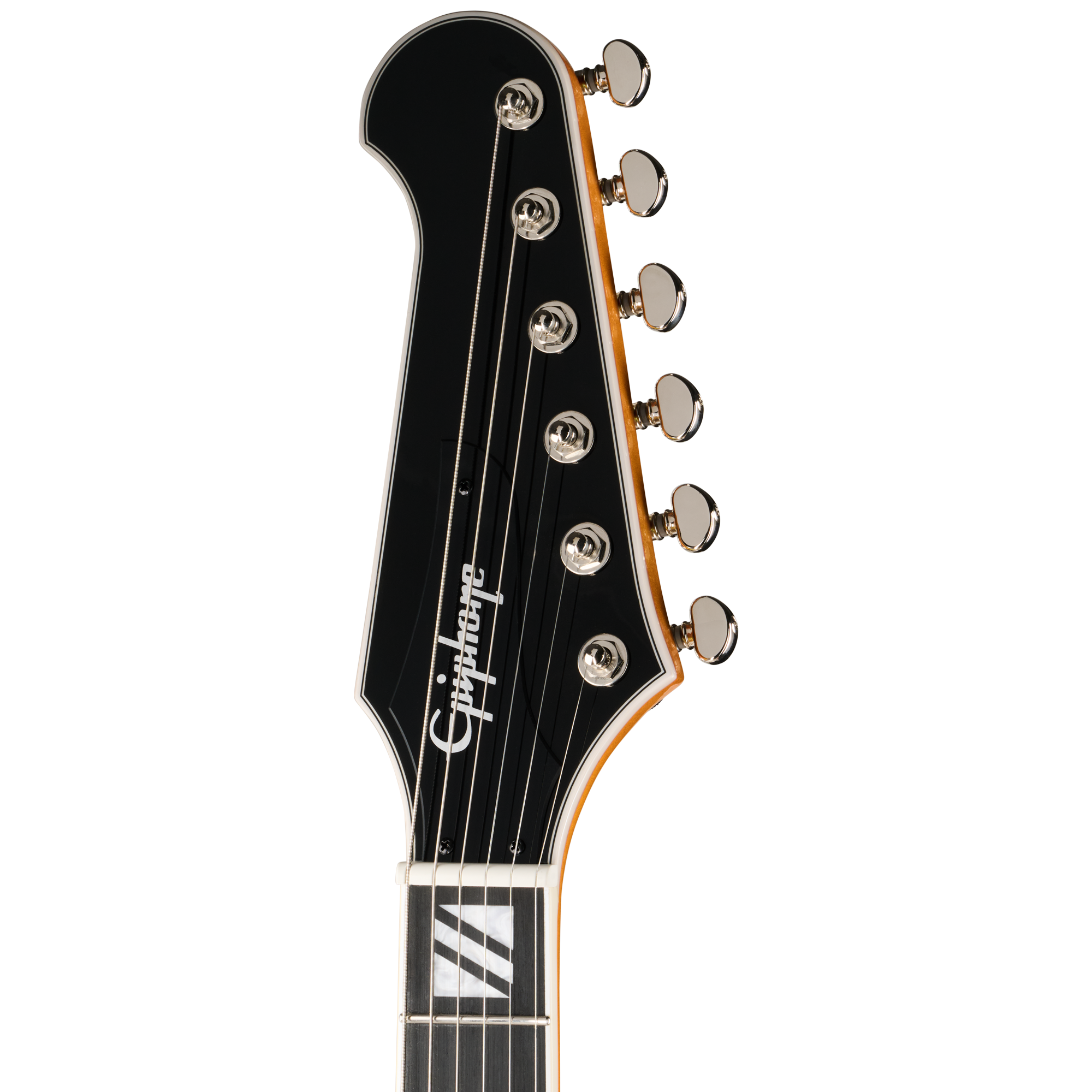 E-Gitarren-Kopfplatte, schwarz, sechs Saiten, Chrom-Mechaniken, Perlmutt-Einlagen